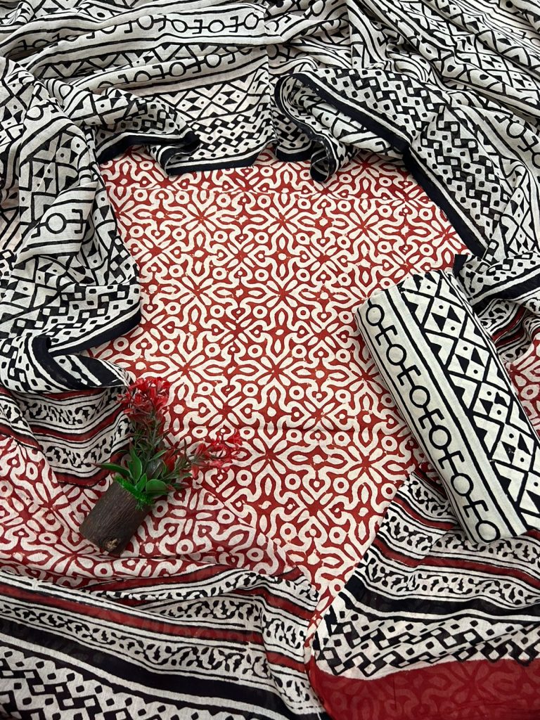 Red bagru print traditional dress for women with cotton dupatta