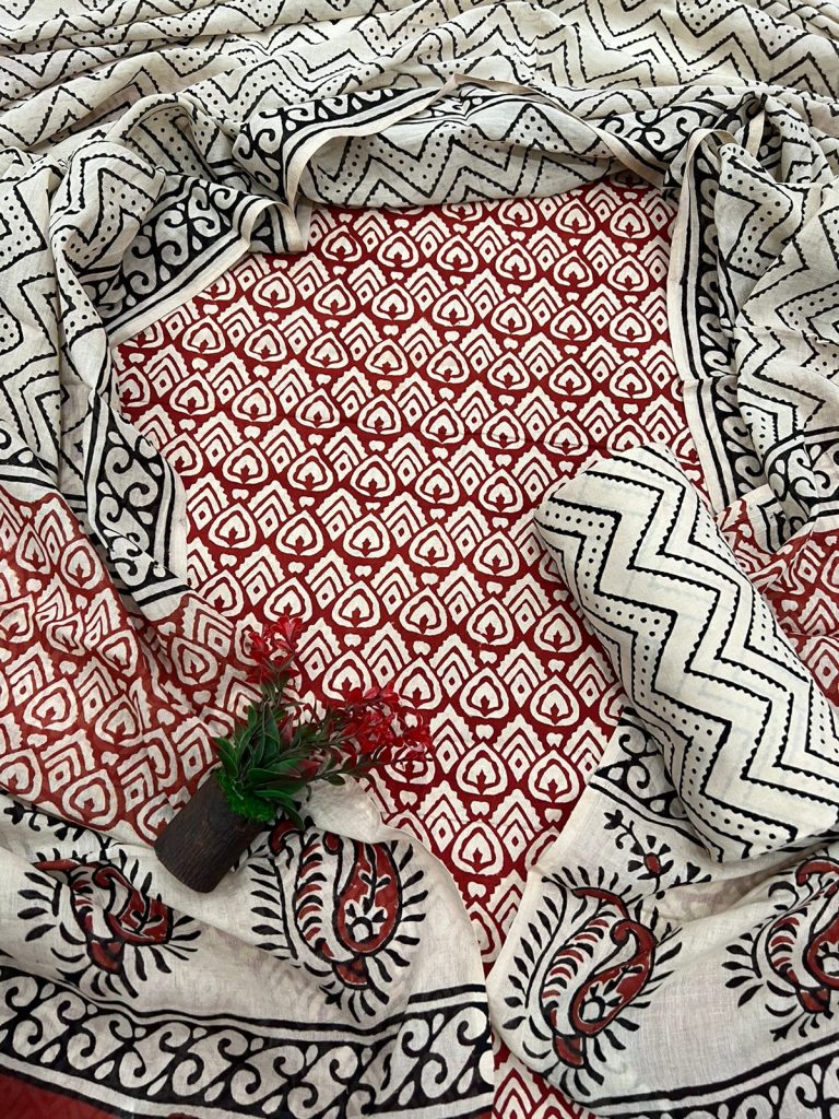 Red bagru block print suits jaipur with mulmul dupatta