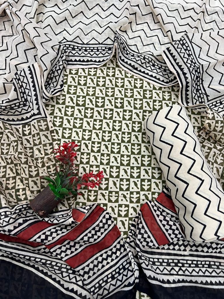 Hunter Green bagru print cotton churidar dress design with mulmul dupatta