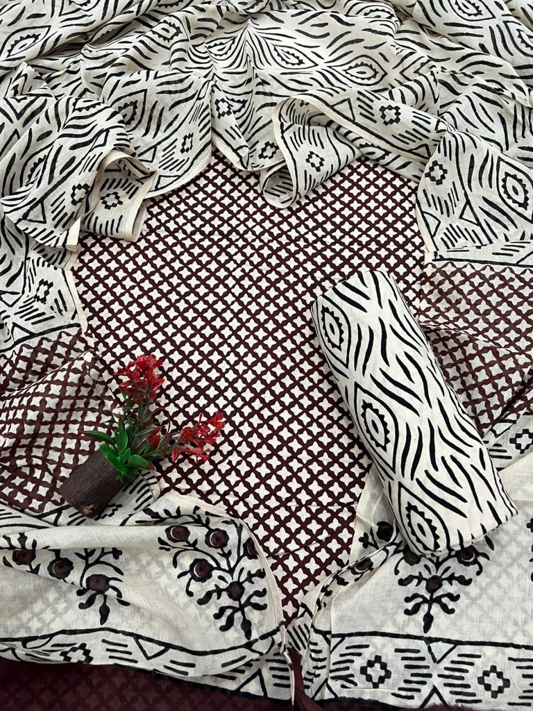 Chestnut bagru block print suits jaipur with cotton dupatta