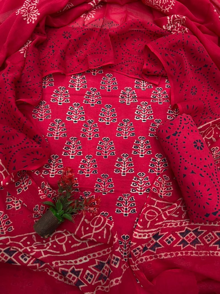 Amaranth cotton salwar kameez online shopping with mulmul dupatta