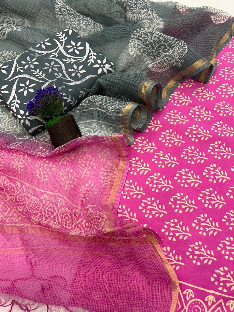 Barbie pink cotton unstitched salwar suit with kota doria dupatta