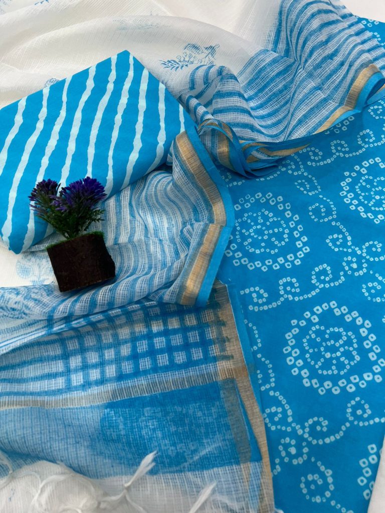 Aero blue rajasthani bandhej print salwar kameez material online with kota doria dupatta