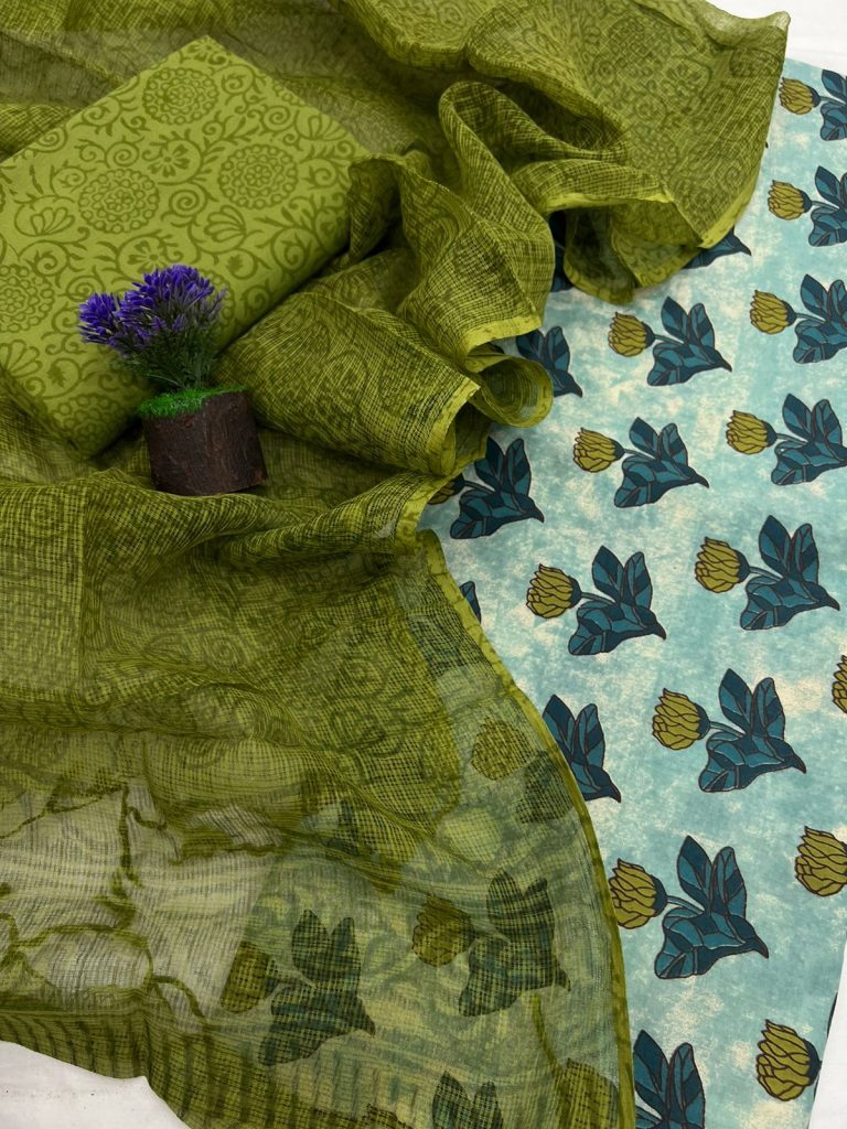 Mehandi Green Printed Cotton Suits With Kota Doria Dupatta