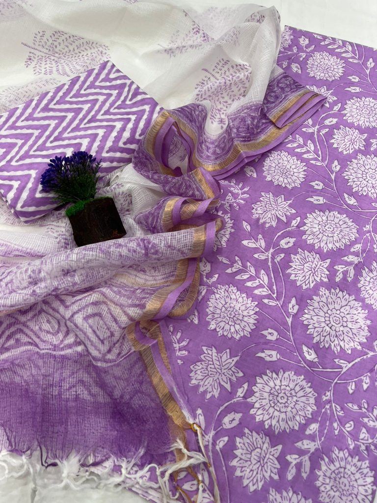Lavender unstitched daily wear suit material with kota doriya dupatta