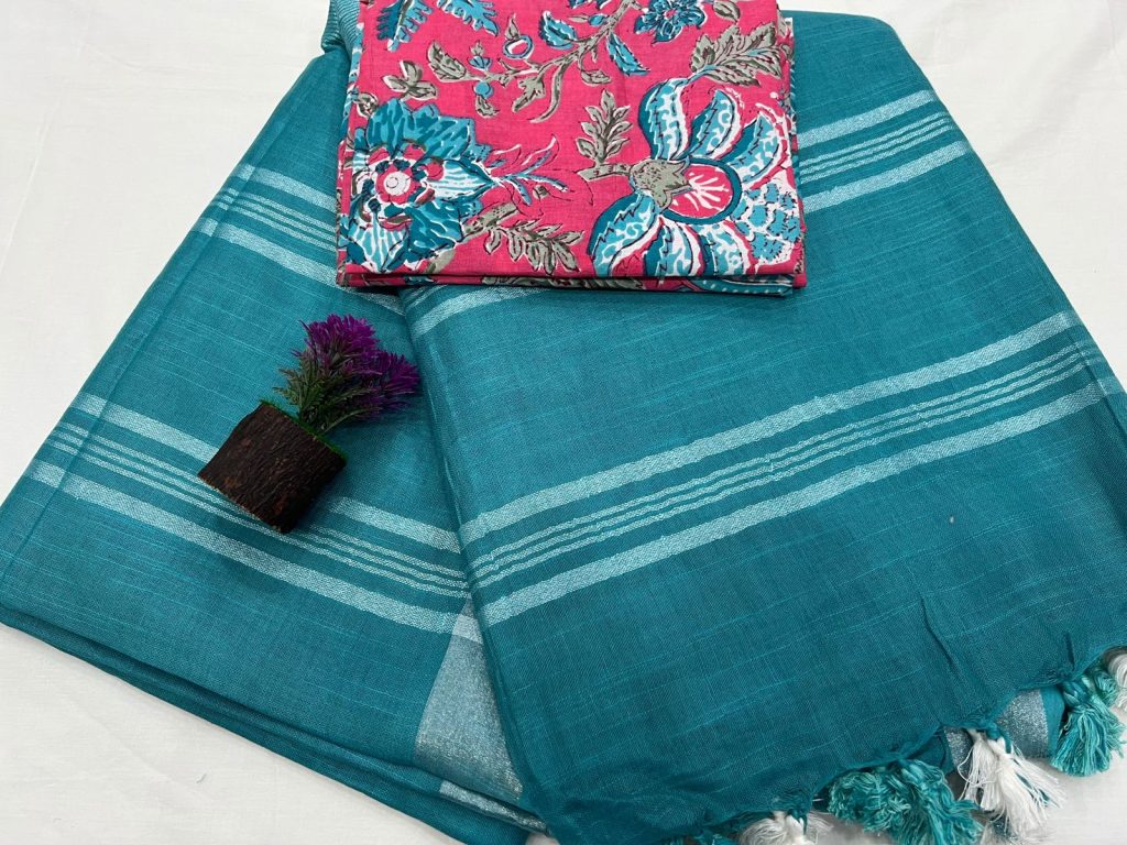 Blue-green plain linen saree with printed cotton blouse
