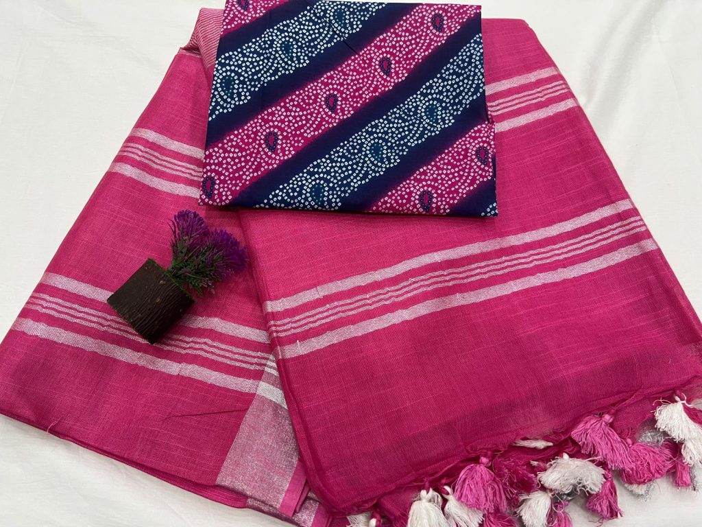 French rose plain linen saree with printed cotton blouse