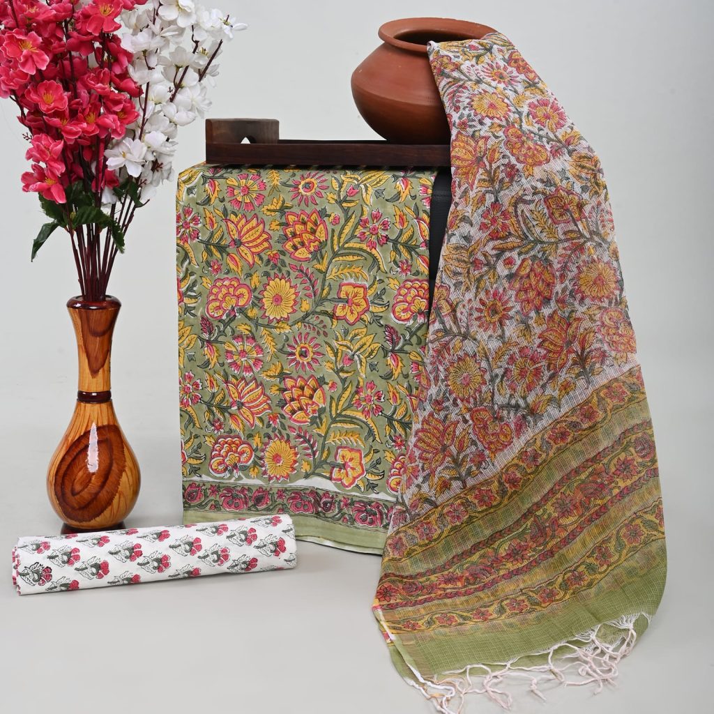 Asparagus cotton hand block printed office wear simple salwar suit design with kota doria dupatta