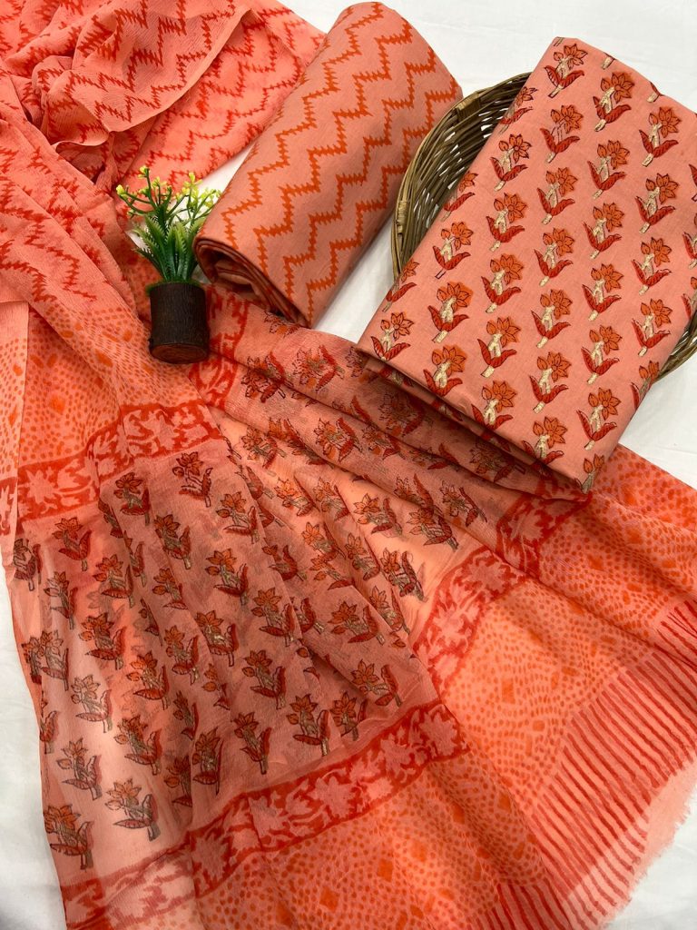 Atomic tangerine cotton daily wear churidar salwar suit with chiffon dupatta