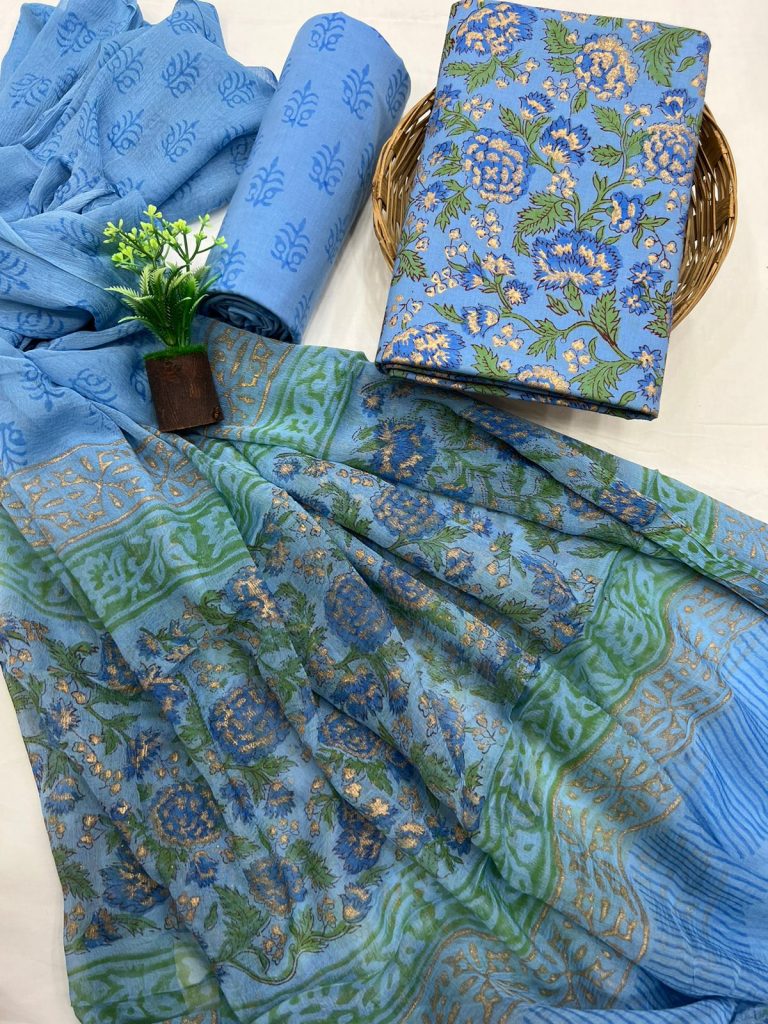 Azure cotton daily wear salwar suit dress with chiffon dupatta