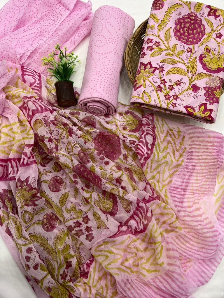 Baby pink cotton printed salwar suit design with chiffon dupatta