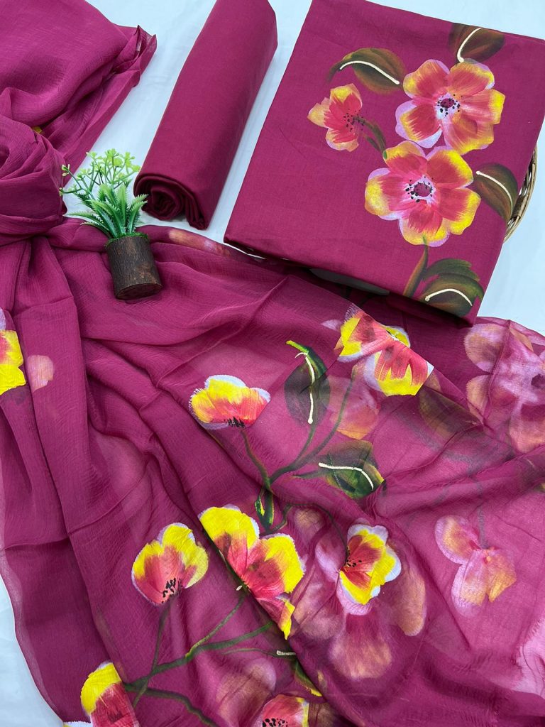 Dark raspberry cotton hand painted dress suits for women with chiffon dupatta