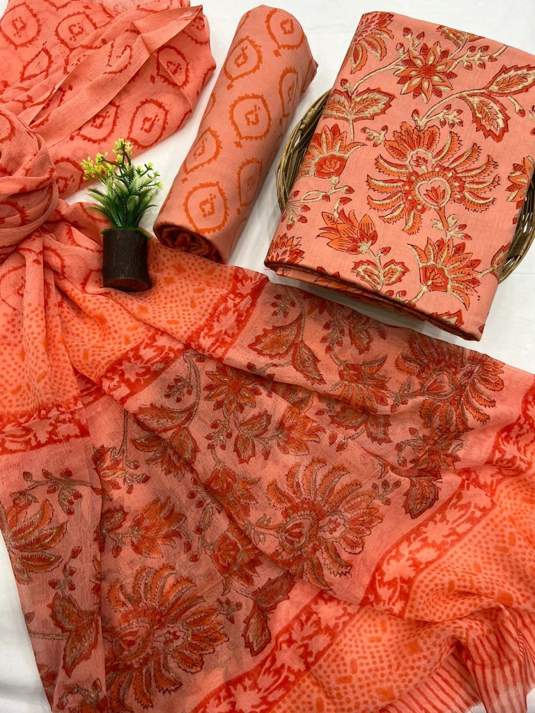 Atomic tangerine cotton jaipur block print salwar suits with chiffon dupatta