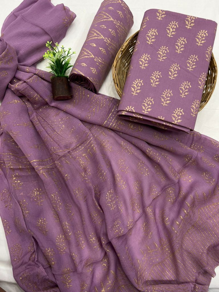 Lavender purple cotton printed salwar suit online with chiffon dupatta