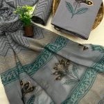 Taupe gray cotton hand block gold print suit with chiffon dupatta