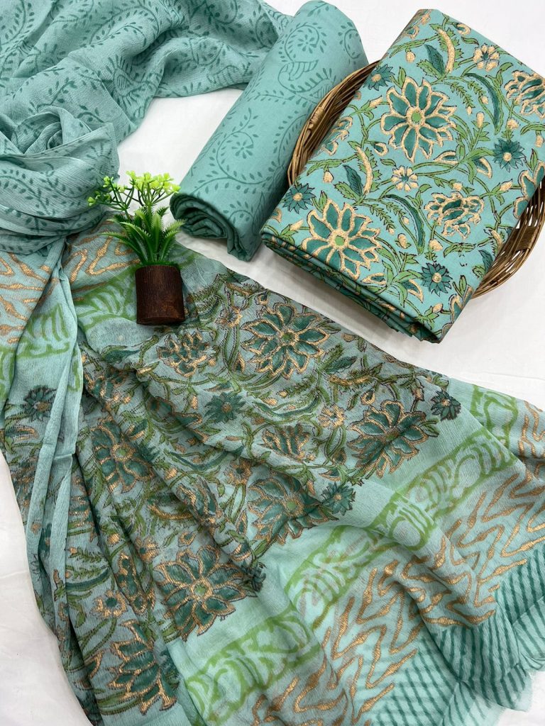 Verdigris green cotton hand block print suit wholesale with chiffon dupatta