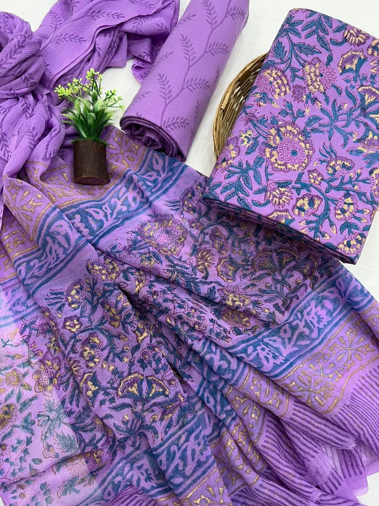Amethyst hand block printed salwar suit online with chiffon dupatta