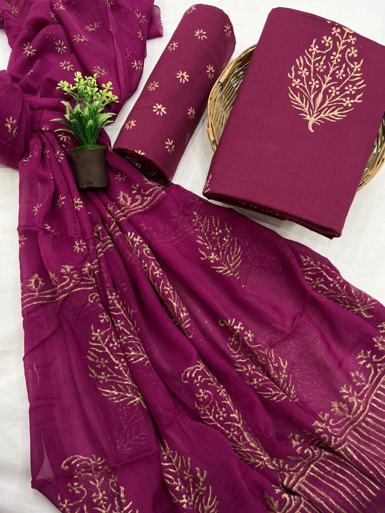 Dark raspberry plain gold printed indian suits for women with chiffon dupatta