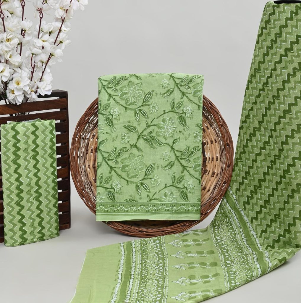 Celadon green cotton suits with cotton dupatta online