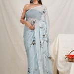 Baby Blue hand painted pure viscose chiffon saree online