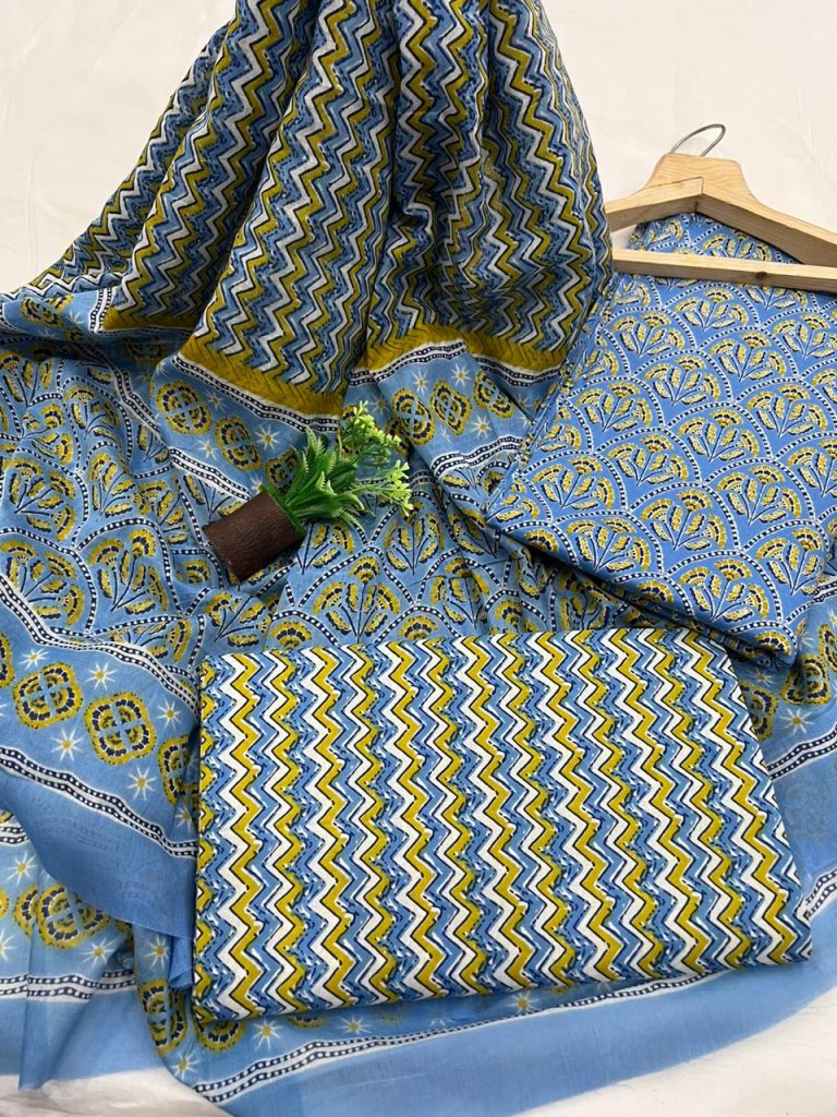 CornflowerBlue cotton dress material with cotton dupatta