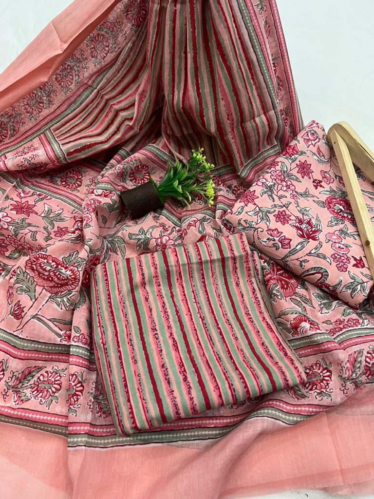 Coral pink unstitched cotton dress designs with cotton dupatta