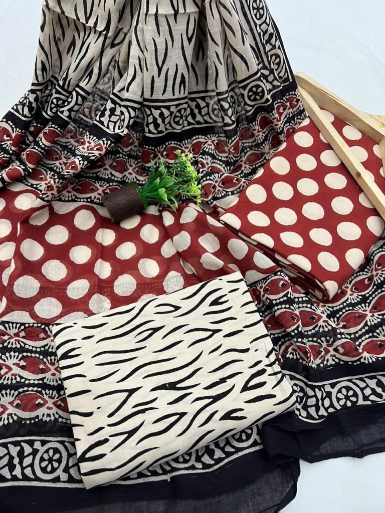 Red polka dot cotton dress material with cotton duppta