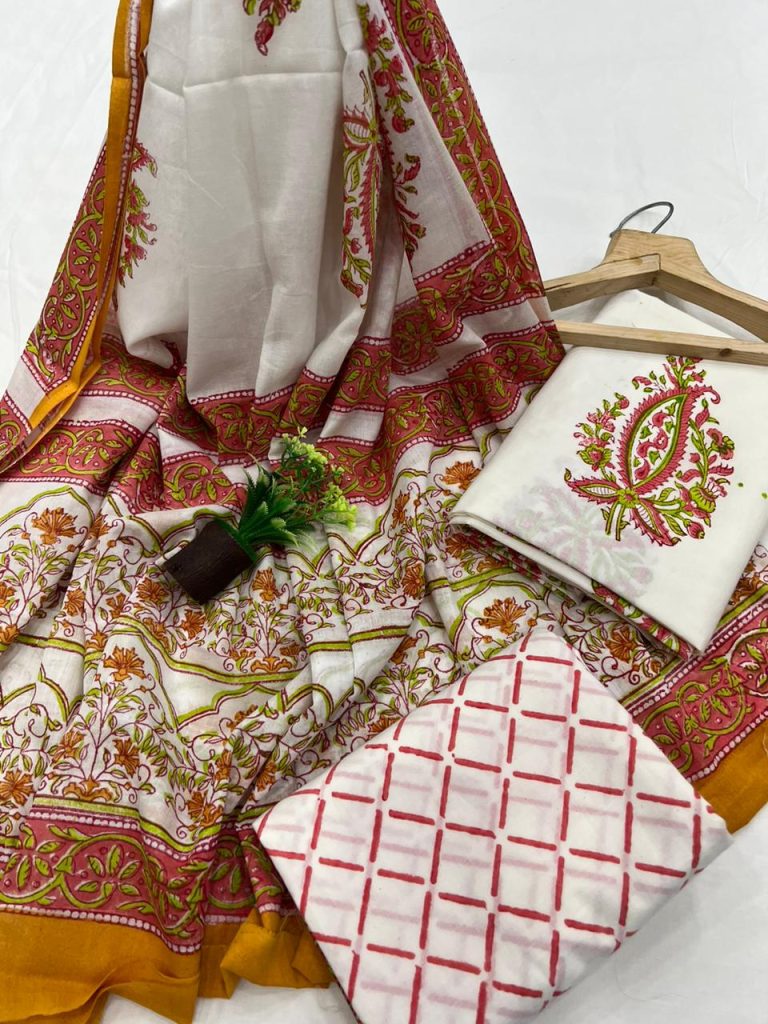 White brown mugal print cotton material with cotton dupatta