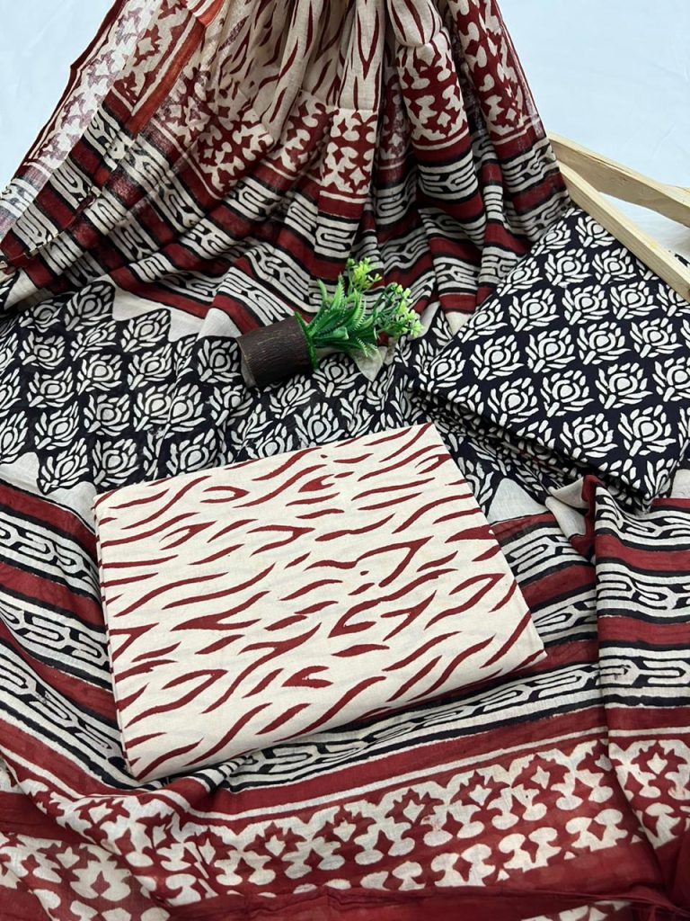 Black bagru print cotton fabric online india with cotton dupatta