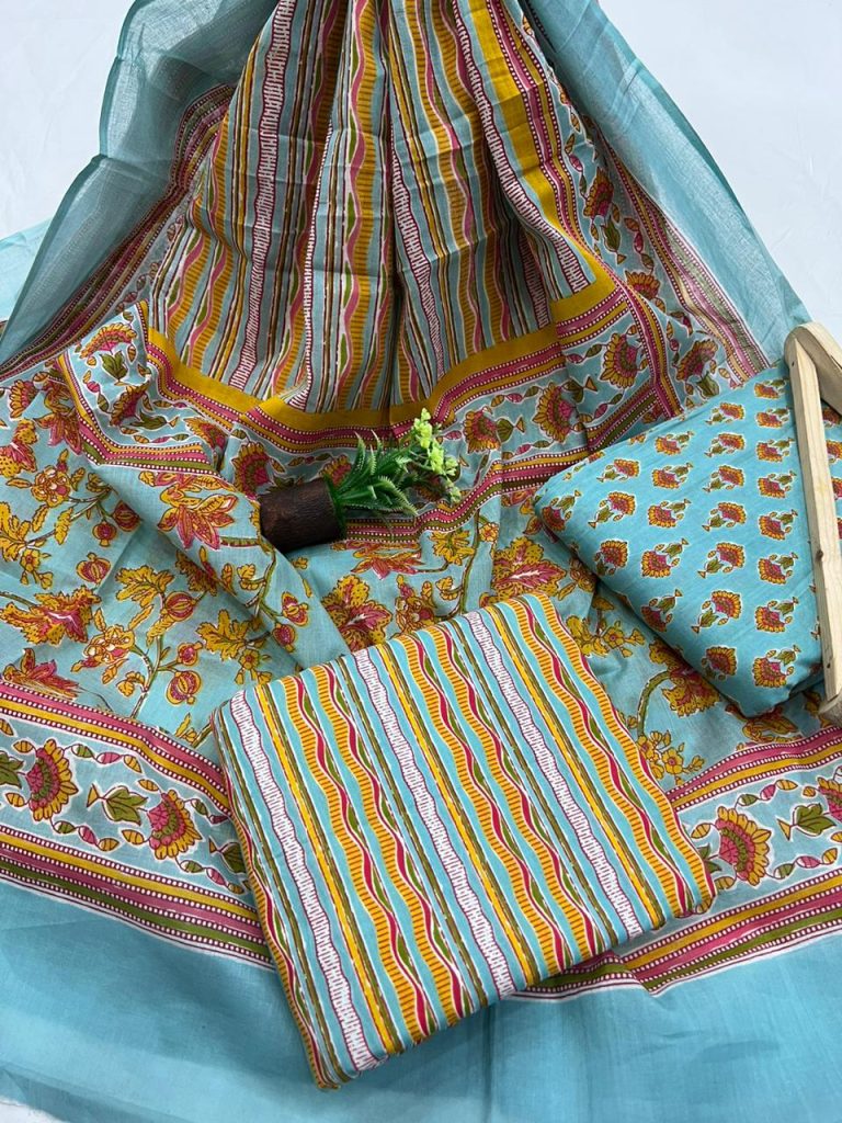 Bright Turquoise printed cotton fabric online with cotton dupatta