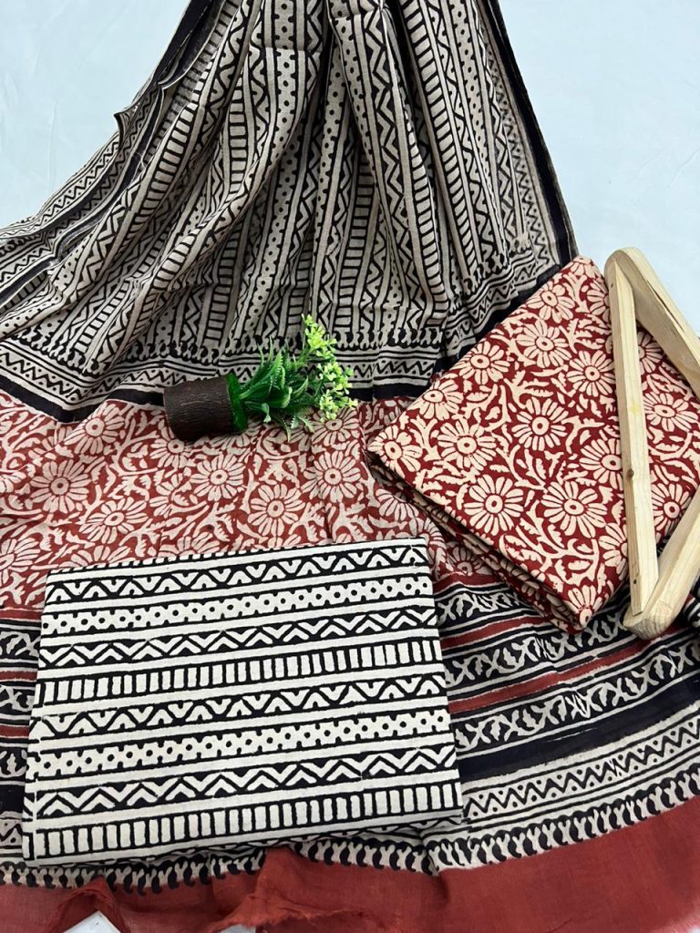 Bagru print unstitched cotton churidar dresses with cotton dupatta