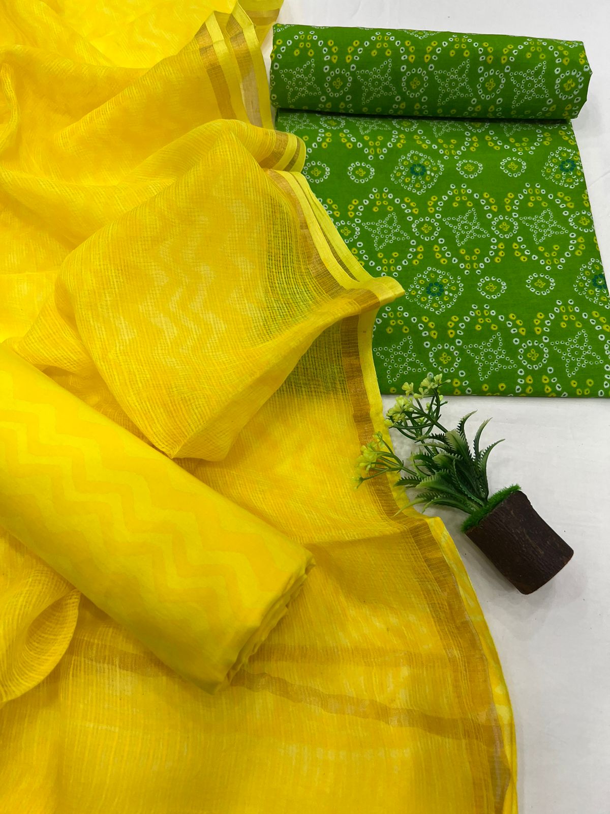 Bandhej print Forest Green cotton churidar materials online with kota doria dupatta