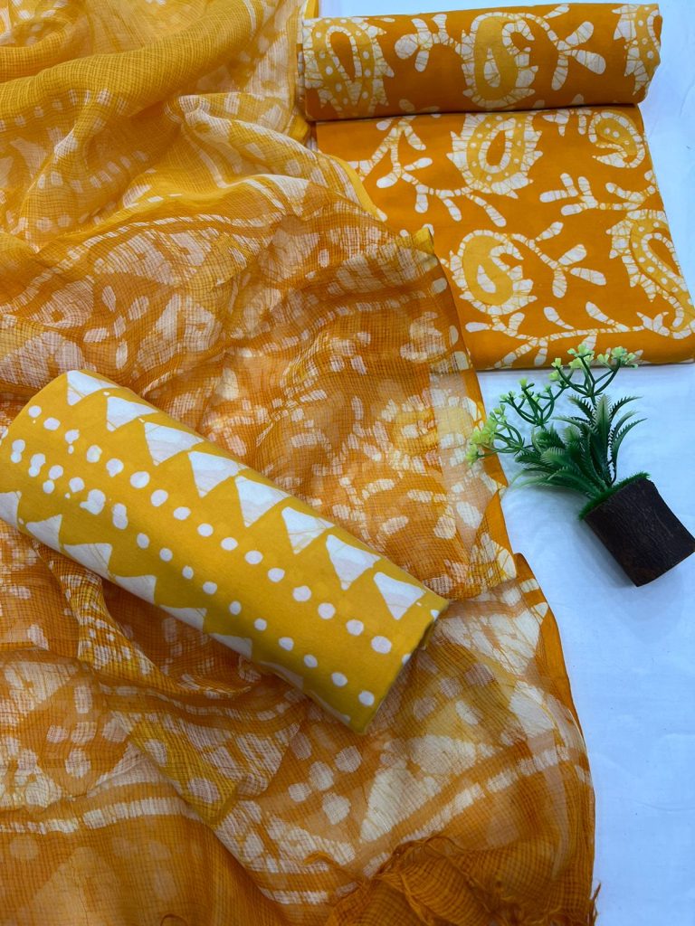 Batik print Carrot Orange cotton dress piece with kota doria dupatta