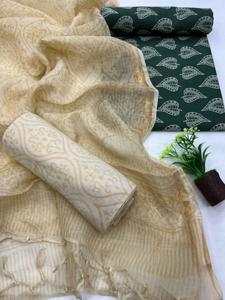 Hunter Green leaf print salwar suit cotton with kota doria dupatta