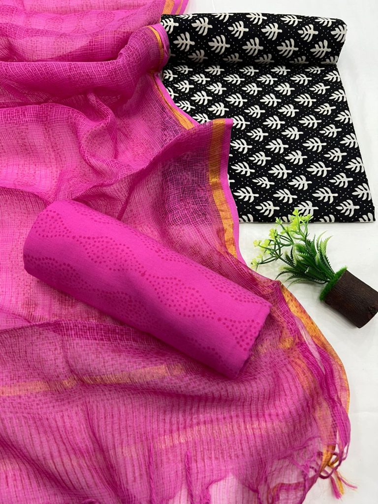 Black and pink pure cotton churidar materials with kota doria dupatta