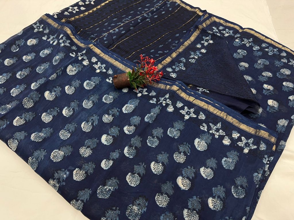 Oxford blue indigo print chanderi best quality sarees online