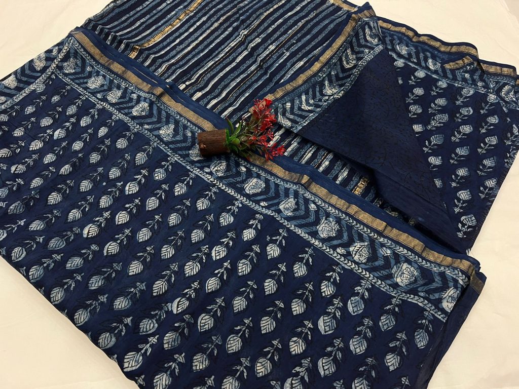 Oxford blue indigo print chanderi saree design materials