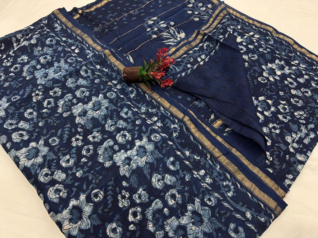 Oxford blue indigo print chanderi sarees designs