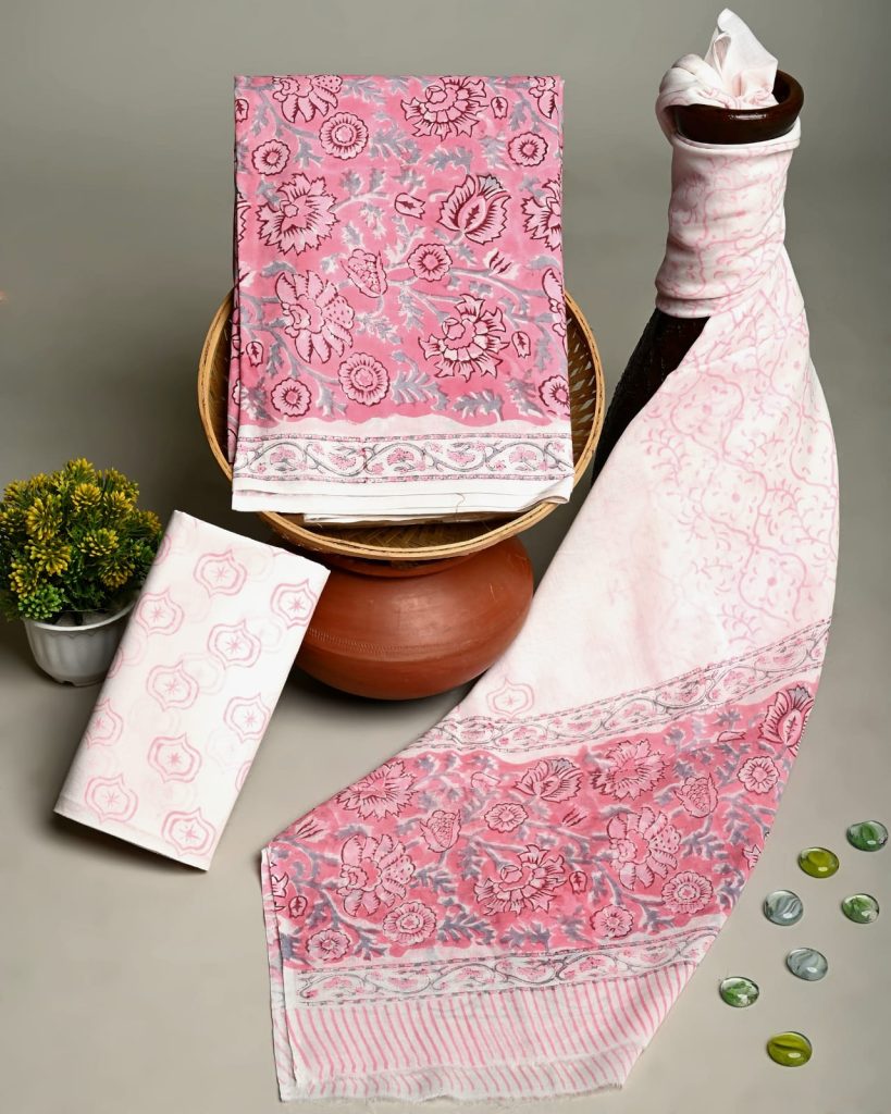 Brink pink printed cotton fabric with cotton dupatta