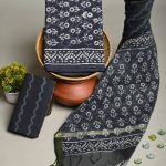 Black dabu print cotton fabric online india with chanderi cotton dupatta