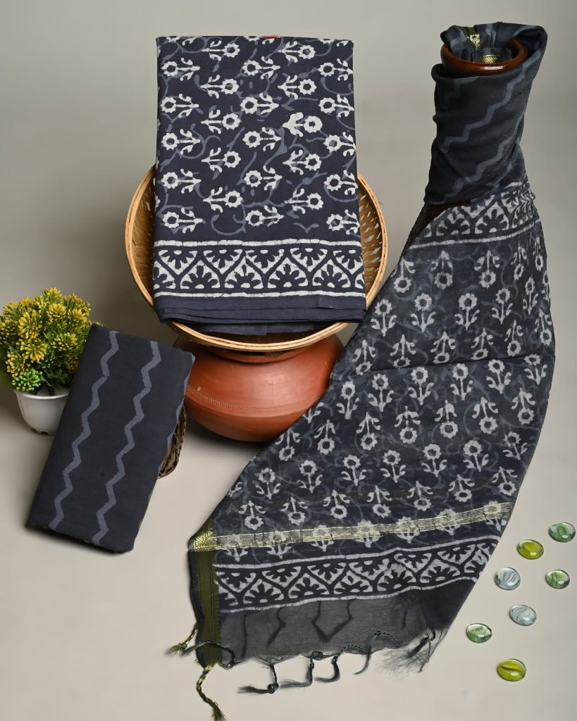 Black dabu print cotton fabric online india with chanderi cotton dupatta