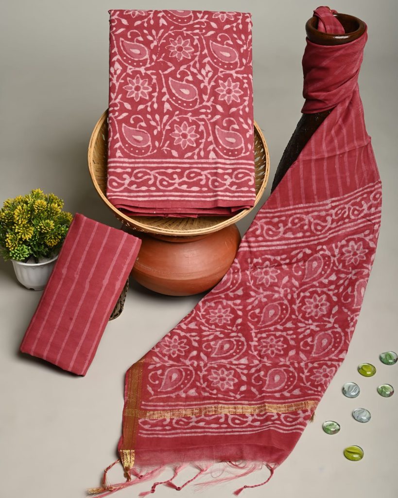 Brick Red dabu print unstitched cotton dress material with chanderi cotton dupatta
