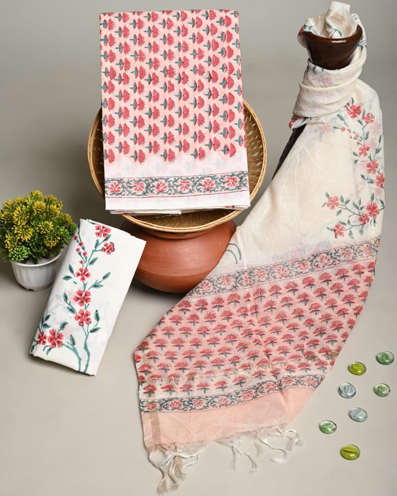 Brink Pink cotton printed fabric wholesale with chanderi cotton dupatta
