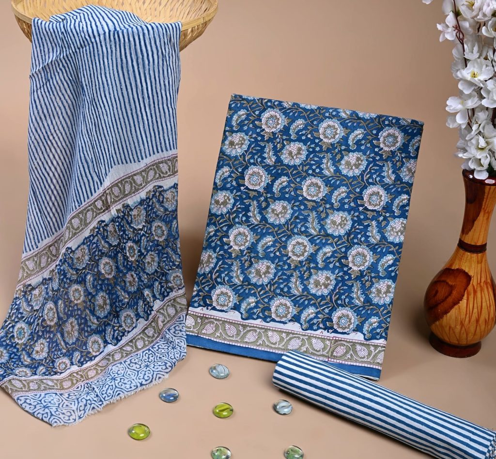 Denim blue hand block print cotton salwar dress material with chiffon dupatta