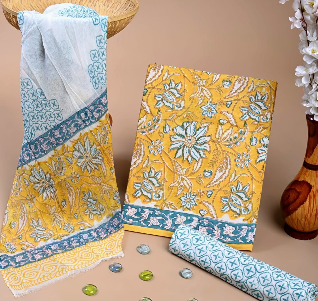 Jonquil hand block print cotton dress materials at low price with chiffon dupatta