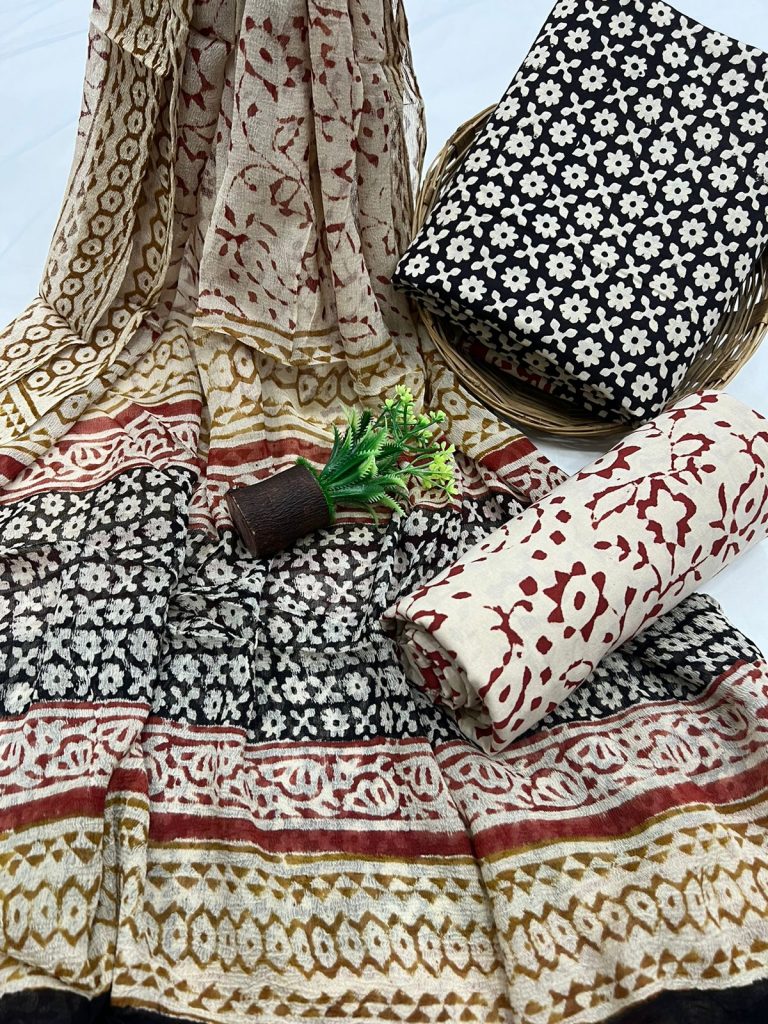 Black bagru print cotton dress material designer chiffon dupatta