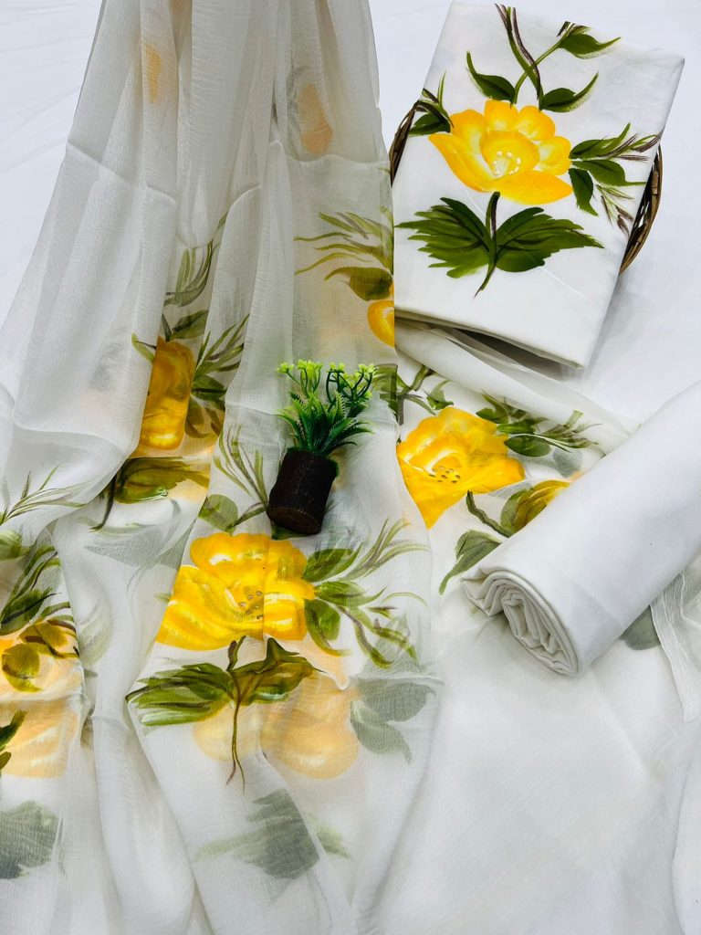 White hand brush painted cotton online dress with chiffon dupatta