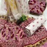 Hot Pink hand block printed cotton online buying dress with chiffon dupatta