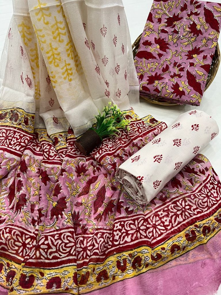 Hot Pink hand block printed cotton online buying dress with chiffon dupatta