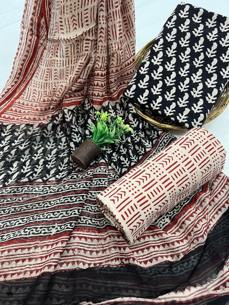 Black bagru print cotton clothing material with chiffon dupatta